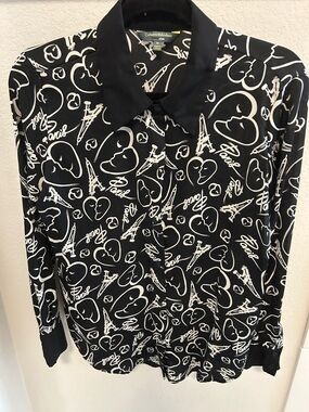 Catherine Malandrino Black and Off White Paris Sketch Button-Up Blouse